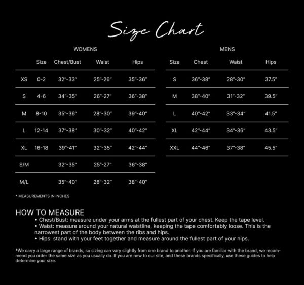 style trend clothiers sizing chart in black with white text